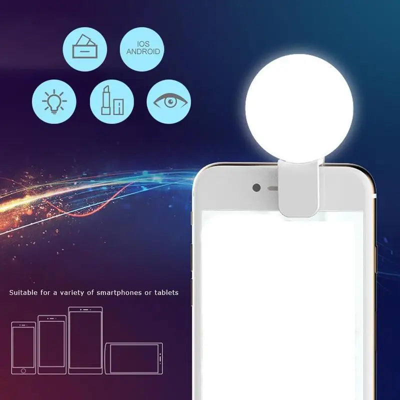 Luz de preenchimento universal para selfies em celulares, lâmpada LED portátil para vídeos ao vivo, acessórios para smartphones e iPhone, luz com clipe de carregamento USB