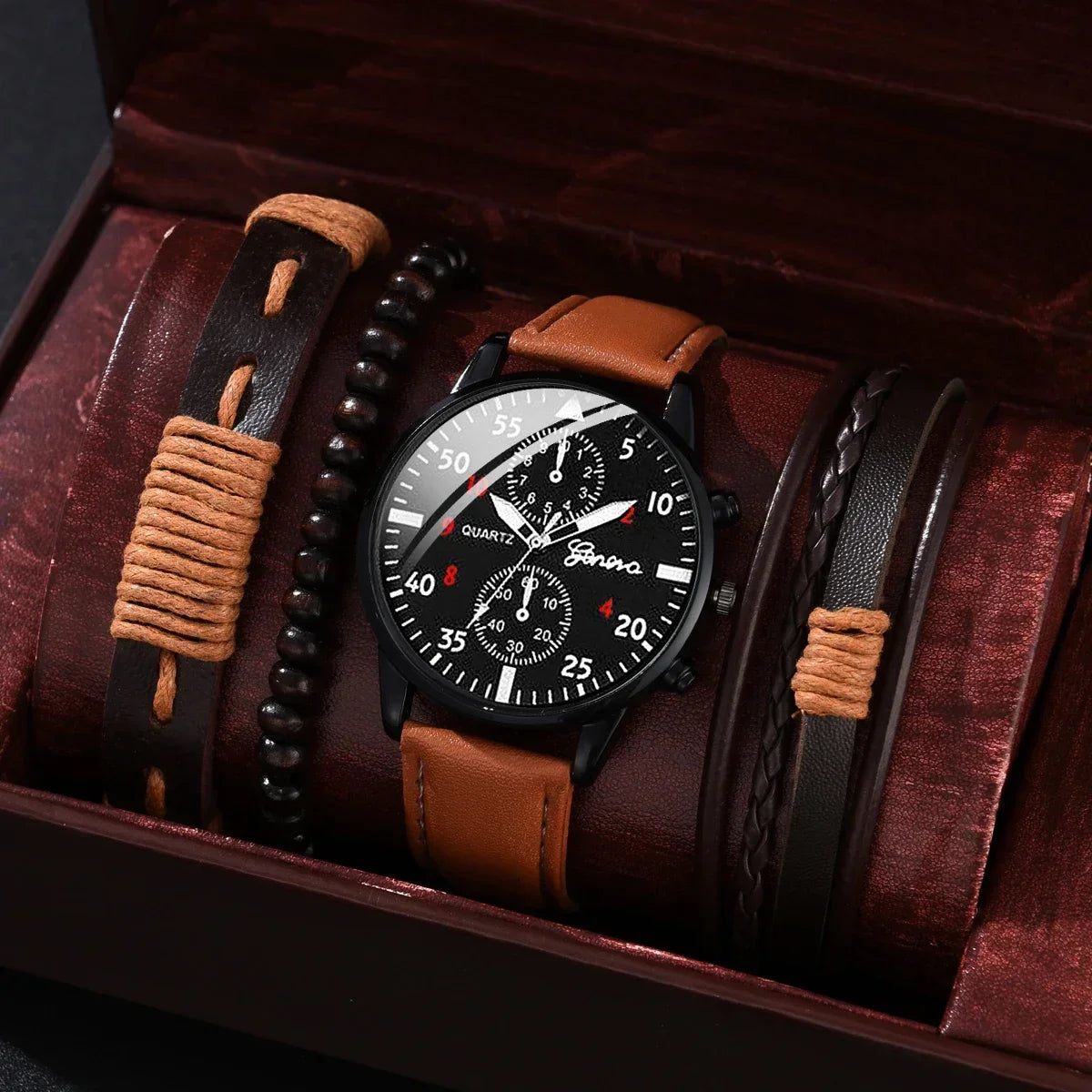 Conjunto de relógios esportivos masculinos 4/2/1 peças, relógio de pulso de quartzo luxuoso com pulseira de couro marrom, relógio casual masculino (sem caixa)