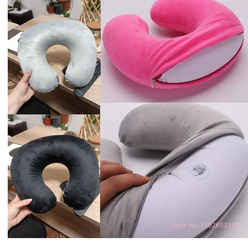 Travesseiro de viagem em formato de U, portátil, preguiçoso, inflável, suporte cervical, curto, pelúcia, itens essenciais para dormir no escritório