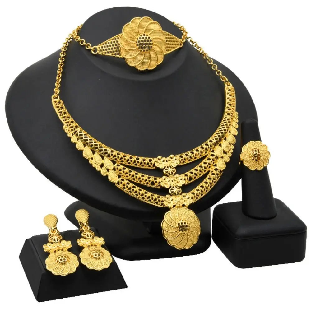 Conjunto de 4 joias indianas banhadas a ouro para noivas, colar/brincos/pulseira/anel, joias luxuosas banhadas a ouro de alta qualidade e duráveis