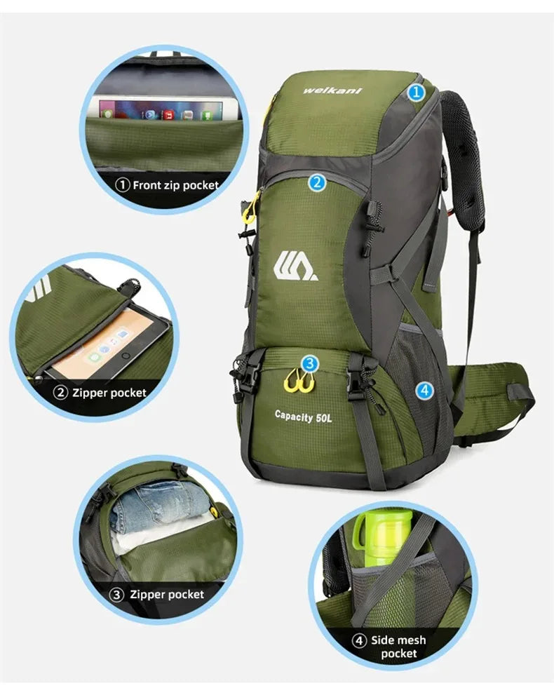 Mochila de viagem 50L para acampamento, bolsa grande para caminhada, mochila turística à prova d'água para esportes ao ar livre, escalada e montanhismo