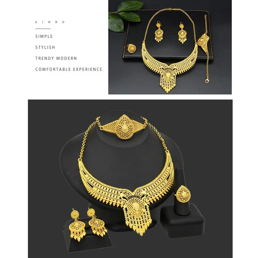 Conjunto de 4 joias indianas banhadas a ouro para noivas, colar/brincos/pulseira/anel, joias luxuosas banhadas a ouro de alta qualidade e duráveis