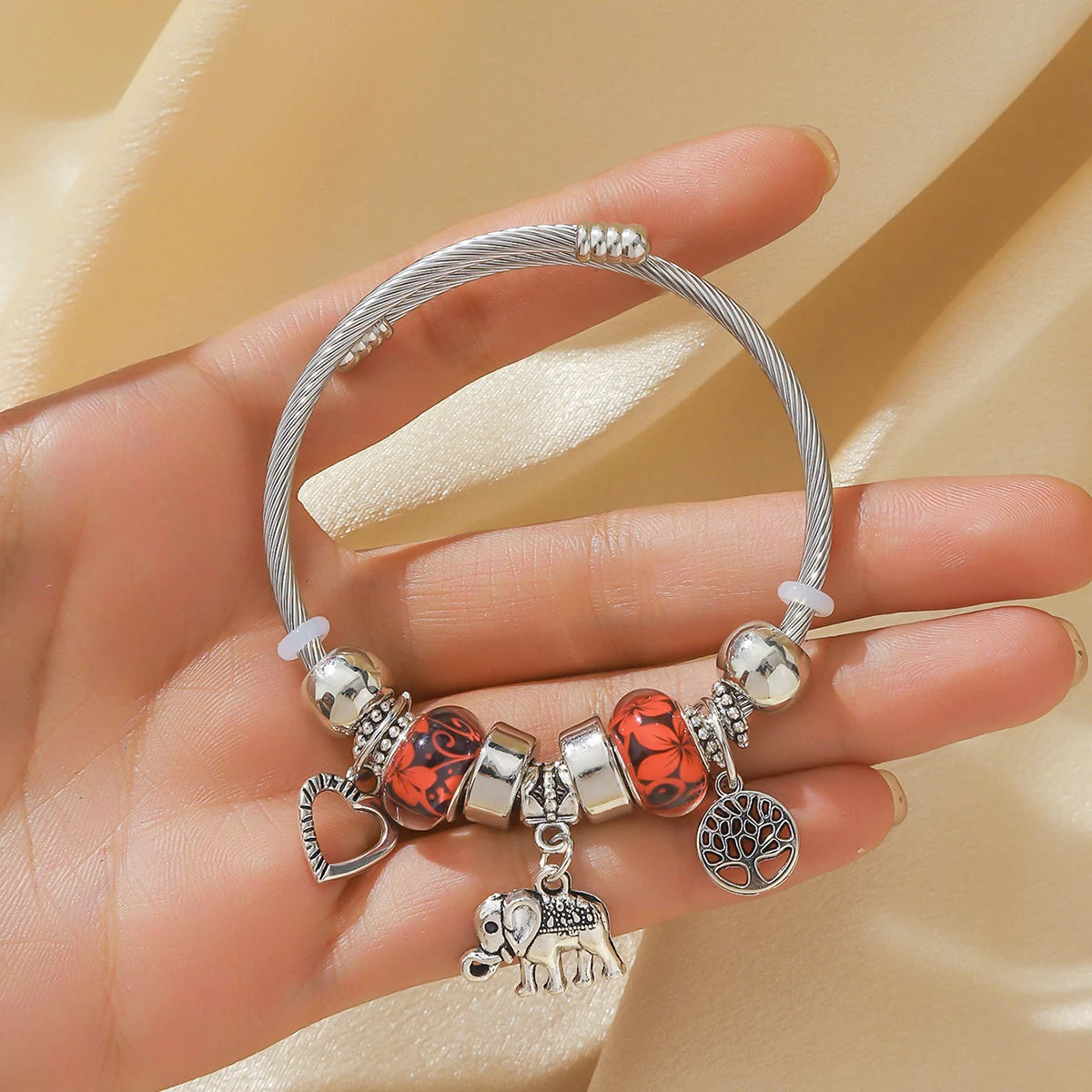 1 Pulseira feminina estilo família elefante pêssego coração árvore da vida pingente liga pulseira viagem ao ar livre banquete festa festival presente