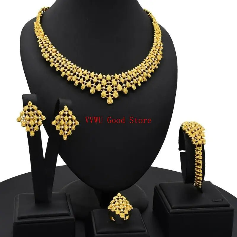 Conjunto de joias florais com strass dourados resistentes, acessório de moda portátil para noivas e festas noturnas