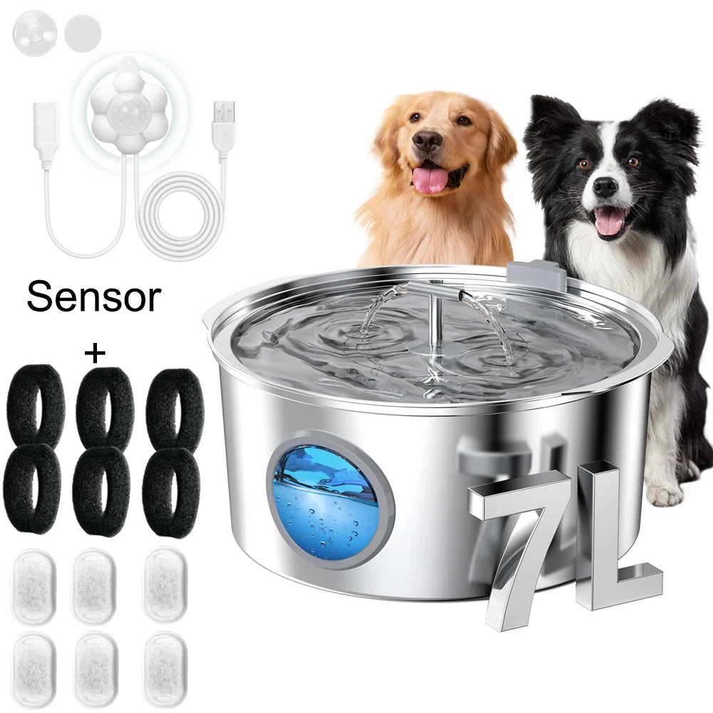 Bebedouro de aço inoxidável de grande capacidade para gatos, cães e animais de estimação, 7L, com janela de nível de água, bomba d'água silenciosa, dispensador com tigela de água USB