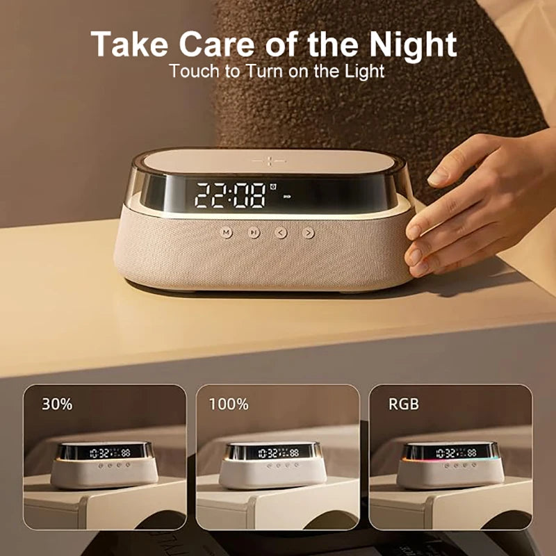 Despertador inteligente 6 em 1 - Carregador sem fio de 15 W, alto-falante Bluetooth, rádio FM, alarme duplo, carregador USB e luz noturna RGB