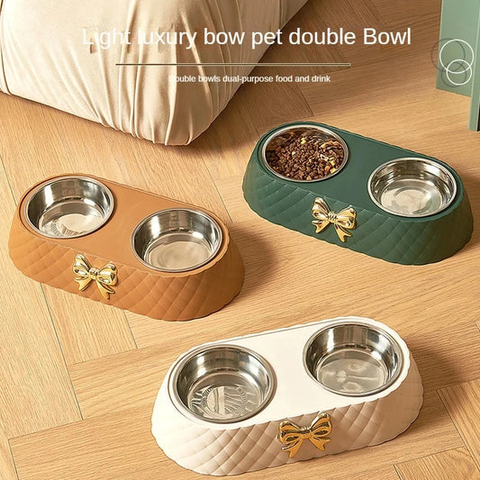 Tigela de comida para gatos com laço e laço para animais de estimação, tigela de PP com base para cães, tigela dupla de aço inoxidável, acessórios para animais de estimação, tigela dupla para alimentação e bebida