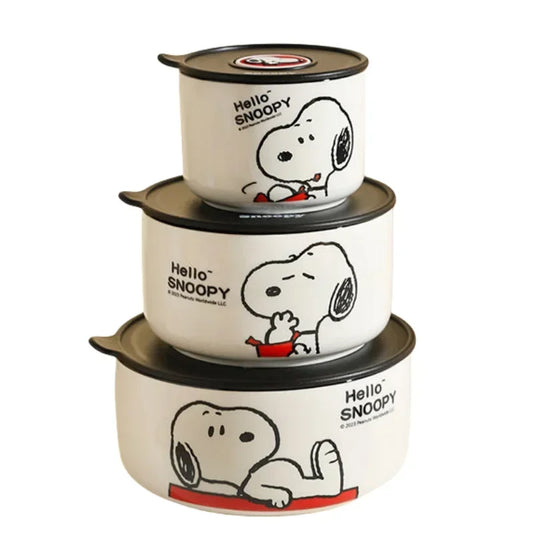 Tigela de segurança periférica de desenho animado do Snoopy, caixa de cerâmica selada com tampa, pode ser levada ao micro-ondas e portátil para trabalhadores de escritório