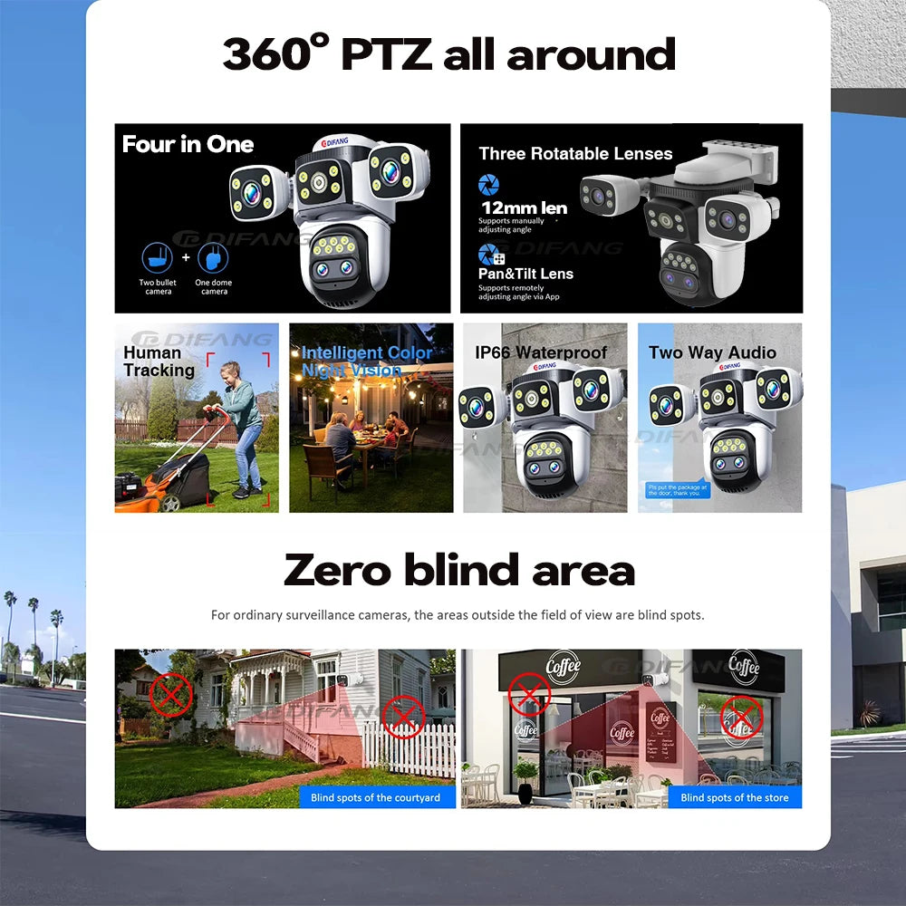 Câmera de segurança externa 10K WiFi6 com três telas, 20MP CCTV, câmera IP externa com zoom de 10X, 8K e 15MP, câmera de vigilância por vídeo