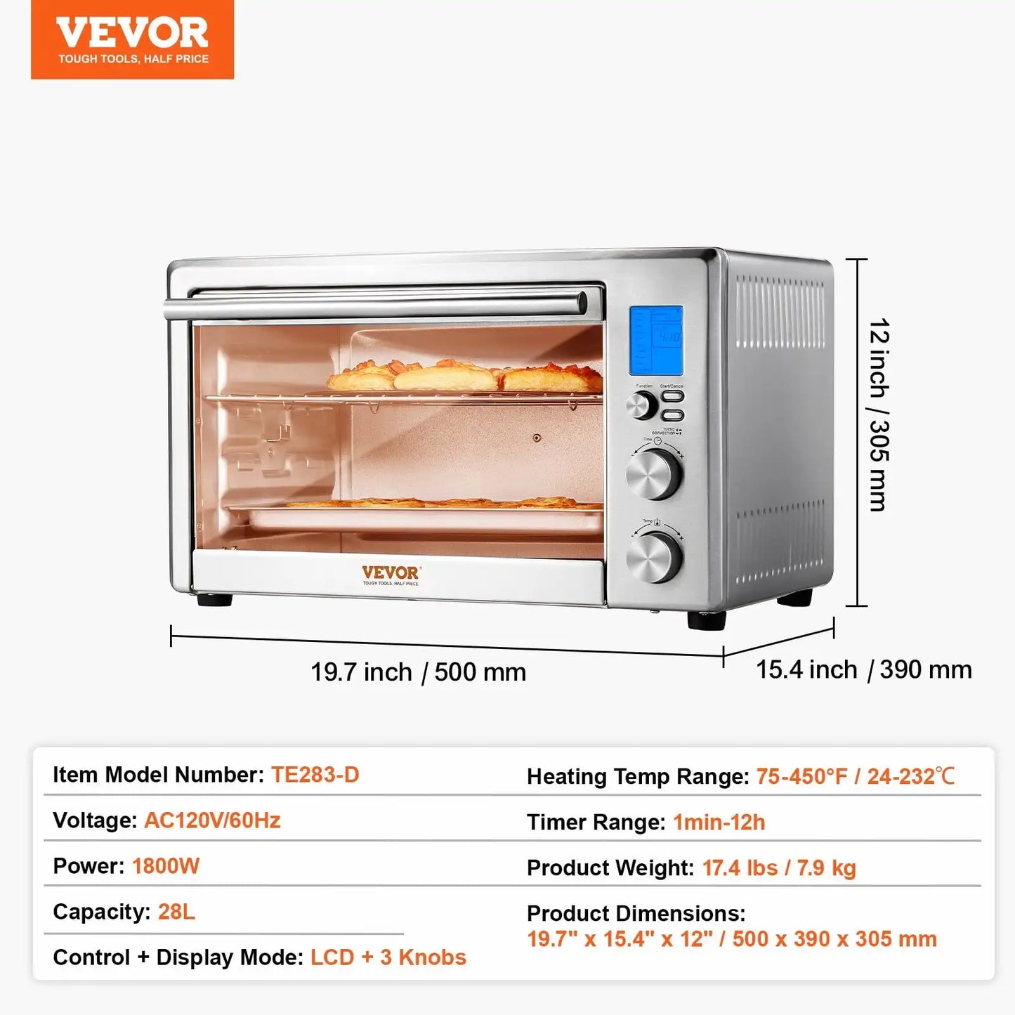 Forno de torradeira e fritadeira a ar 13 em 1, 28 L, 1800 W, forno de convecção para uso doméstico