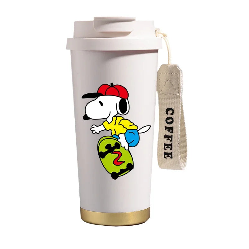 Garrafa térmica de aço inoxidável Snoopys 500ml, anime Kawaii, portátil, viagem, ar livre, carro, chá, café, caneca térmica fria