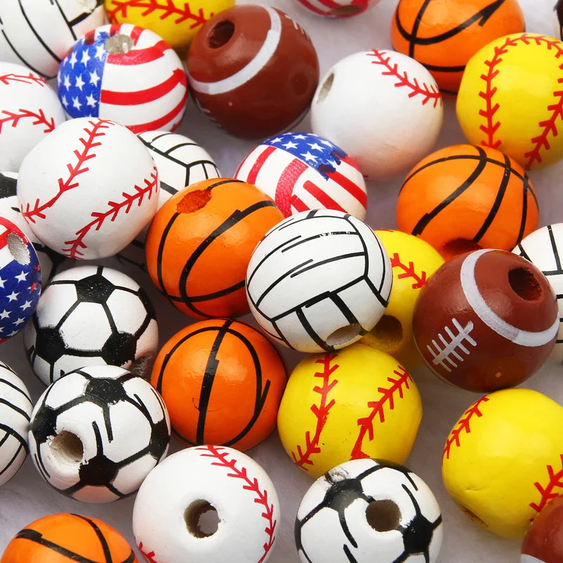 10 peças de contas espaçadoras de beisebol de basquete de 16 mm, bolas redondas de madeira para fazer pulseiras e colares, suprimentos para joias faça você mesmo