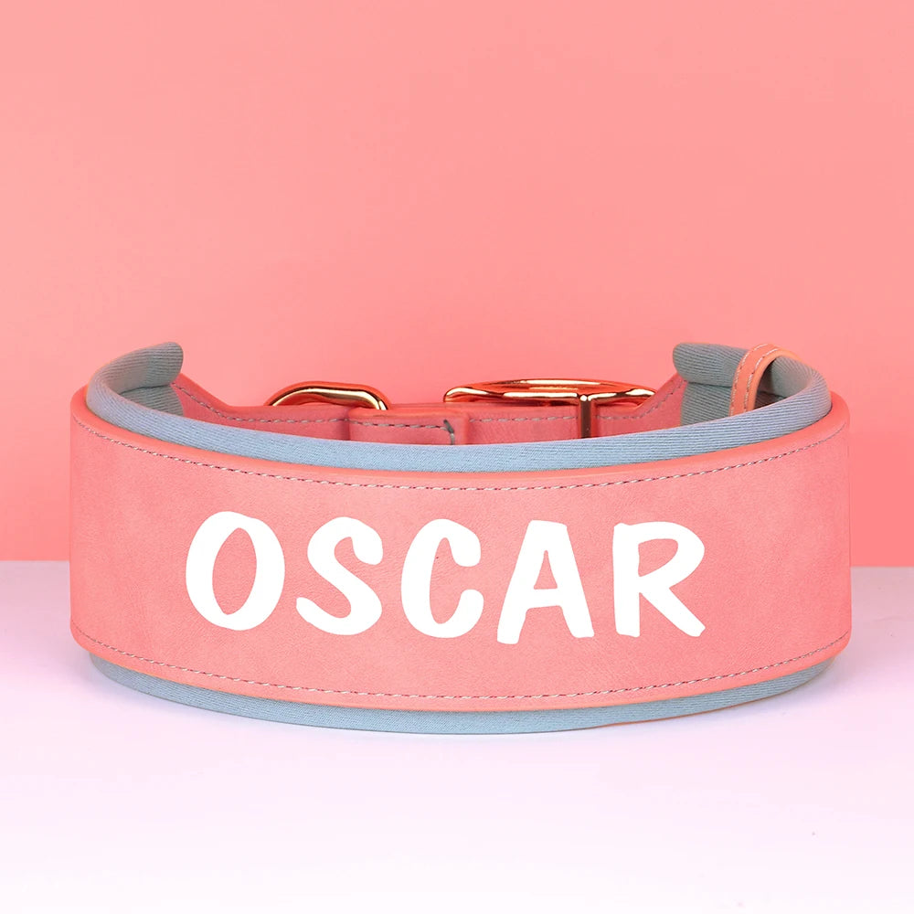 Coleira de couro personalizada para cães, coleira de identificação larga e acolchoada personalizada, nome e número impressos gratuitamente para cães de médio e grande porte, como Greyhound
