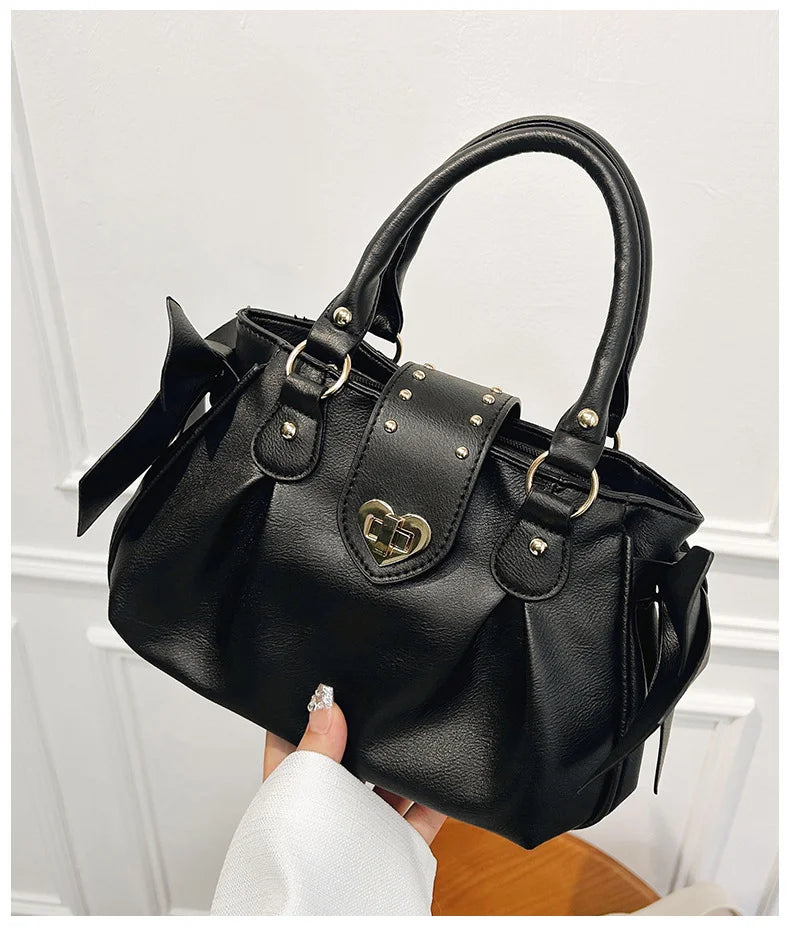 Bolsa de mão rosa com laço doce Lolita, bolsa feminina Harajuku Love Heart, bolsa transversal macia, bolsa de ombro feminina Kawaii de grande capacidade