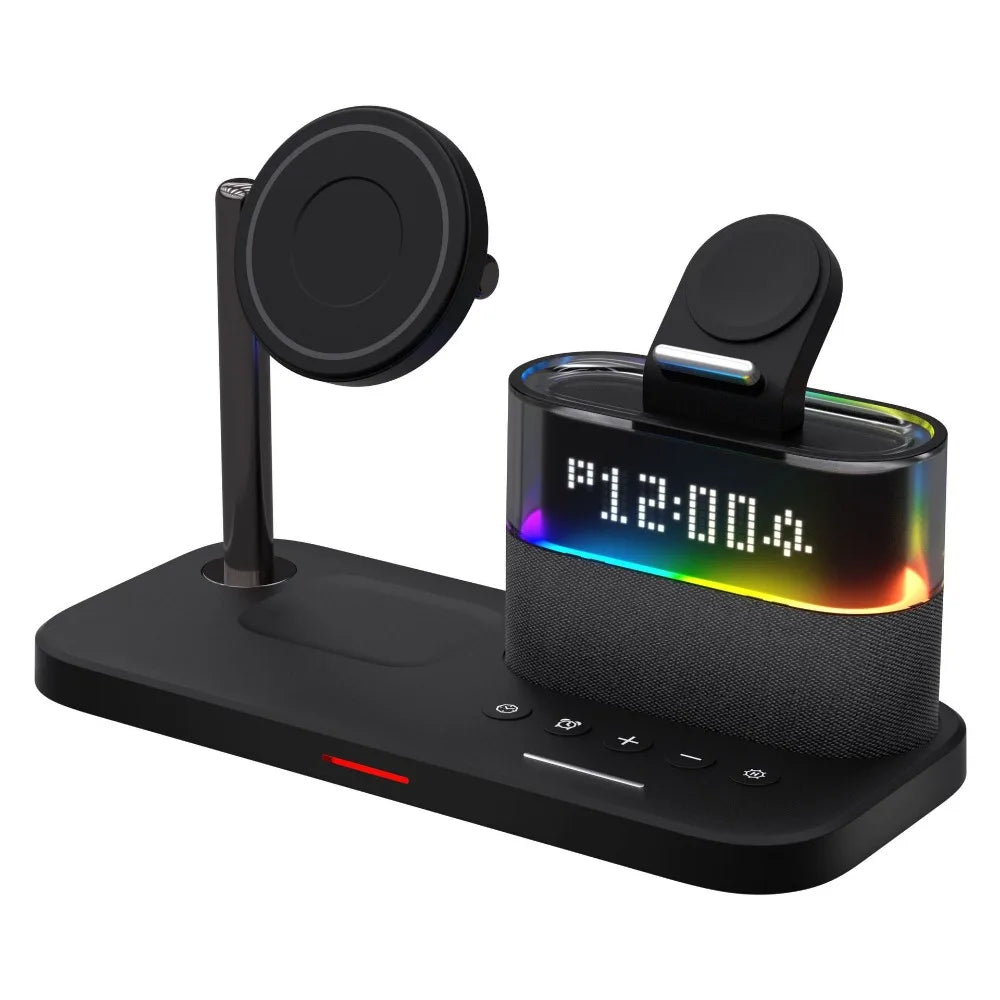 Carregador sem fio Qi2 5 em 1, carregamento rápido de 15 W, suporte magnético com despertador e suporte para carregamento de telefone