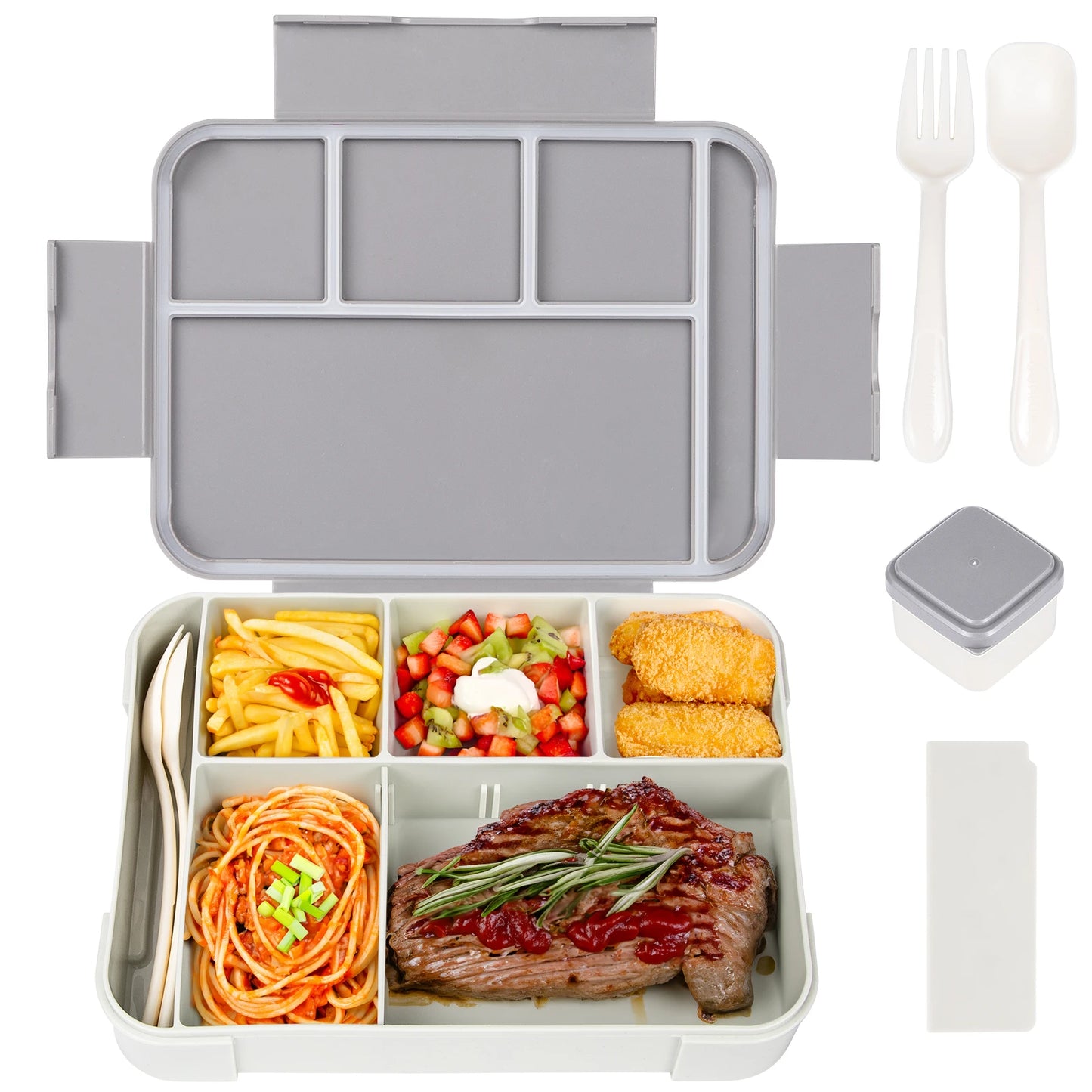 Lancheira Bento para adultos de 1330 ml, recipientes para alimentos com 6 compartimentos e utensílios de mesa para lanches, trabalho, escola, forno de micro-ondas, aquecimento