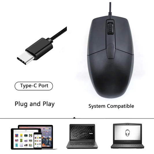 Mouse com fio tipo C, sistema plug and play, leve, portátil, com botão de baixo ruído, para uso em escritório, para negócios e escritório