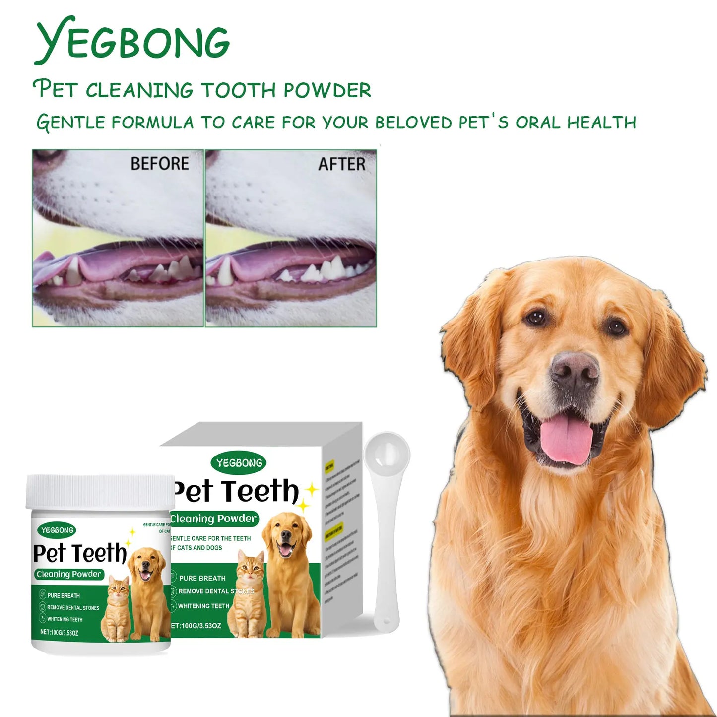 O pó de limpeza para dentes de animais de estimação YEGBONG remove o mau hálito, combate naturalmente o odor de tártaro e mantém o hálito do seu animal de estimação fresco