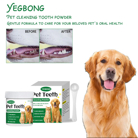 O pó de limpeza para dentes de animais de estimação YEGBONG remove o mau hálito, combate naturalmente o odor de tártaro e mantém o hálito do seu animal de estimação fresco