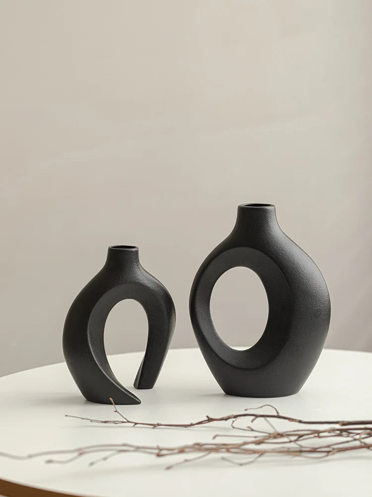 Vaso de cerâmica vazado, 2 para decoração moderna de casa, vaso estilo donut boho, vaso decorativo minimalista preto e branco
