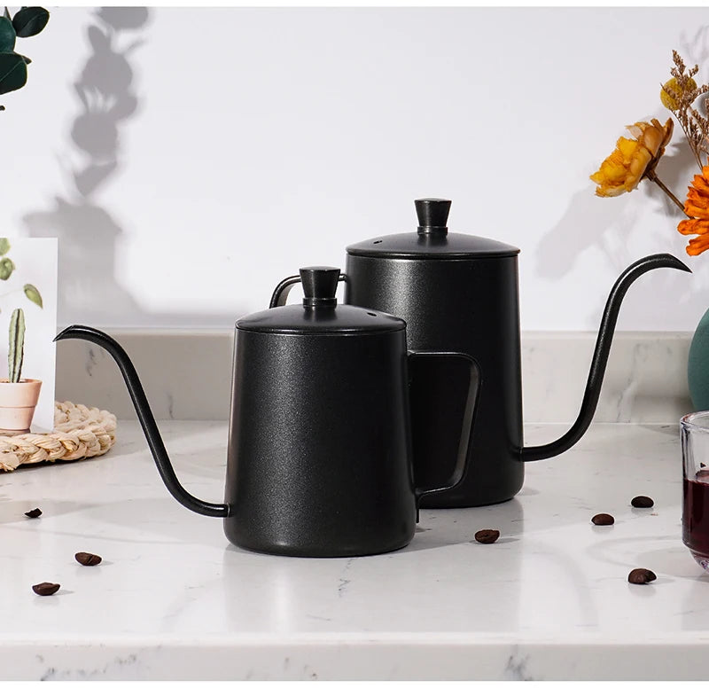 Chaleira de gotejamento de 350ml e 600ml, bule de café e chá, revestimento antiaderente, aço inoxidável de qualidade alimentar, chaleira de gotejamento com pescoço de cisne, boca fina
