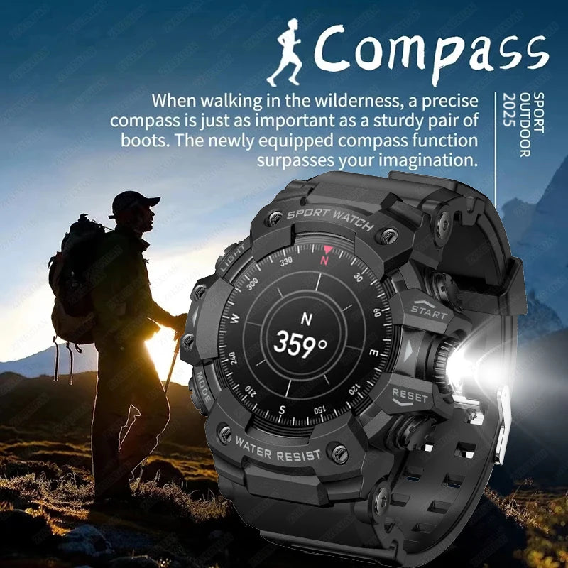 Relógio inteligente esportivo robusto 2025 com Bluetooth, chamadas, relógio inteligente militar à prova d'água e colorido com lanterna SOS COMPASS para telefone