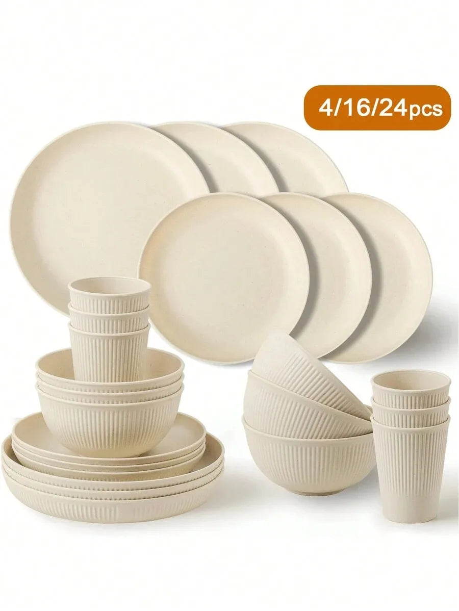 Conjunto de louça de plástico com 4/16/24 peças, copo reutilizável, prato e tigela, adequado para trailer, acampamento, piquenique, dormitório, bege