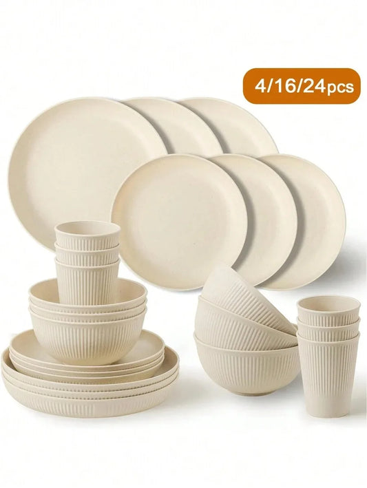 Conjunto de louça de plástico com 4/16/24 peças, copo reutilizável, prato e tigela, adequado para trailer, acampamento, piquenique, dormitório, bege