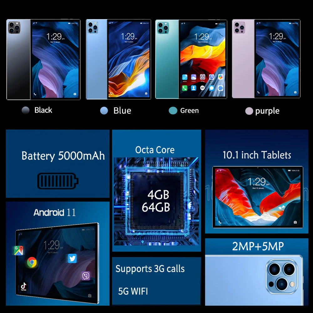Tablet de 10,1 polegadas mais vendido em 2024 com 4 GB de RAM, 64 GB de ROM, sistema Android 11, reprodutor de músicas, versão global, tablet de 5000 mAh