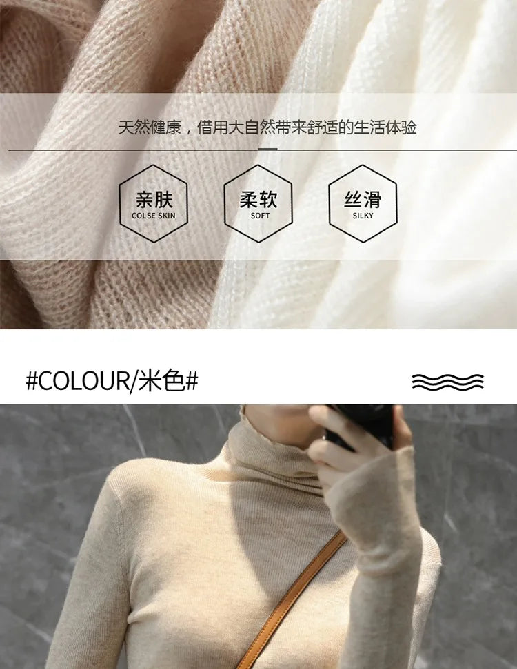 Novo suéter de caxemira feminino outono/inverno 2023, gola alta, suéter ultrafino de lã com pelo