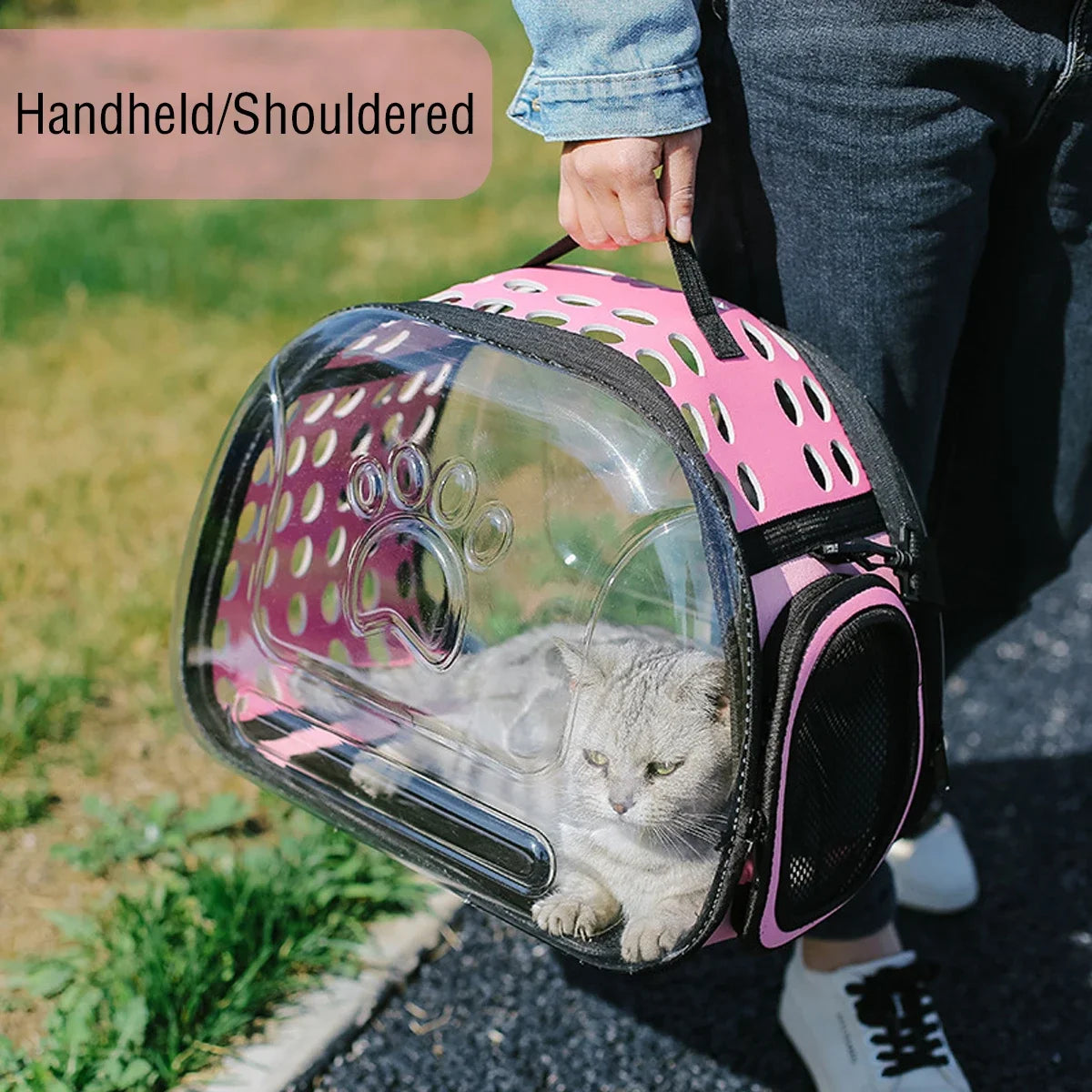 Bolsa de ombro para animais de estimação, bolsa de transporte para gatos, bolsa respirável para viagem ao ar livre, cápsula transparente para filhotes e gatinhos, bolsa de ombro portátil