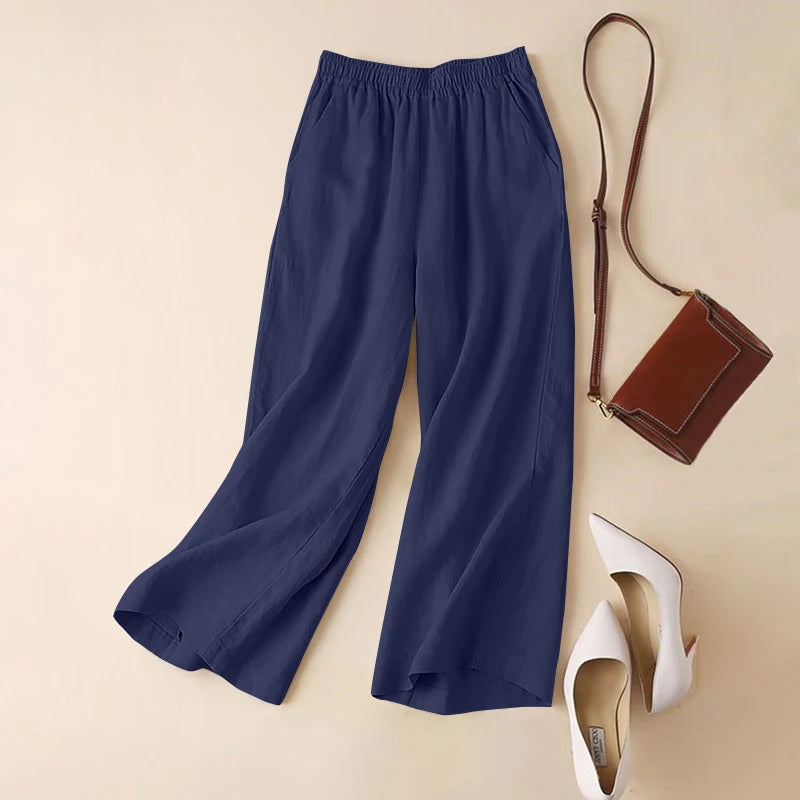 Calças femininas ZANZEA de verão com pernas largas, de algodão, para primavera, soltas, com cintura elástica, estilo palazzo, da moda 2023, lisas, casuais, compridas