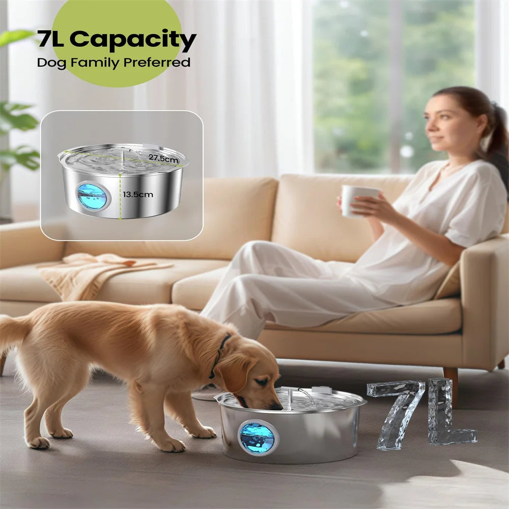 Bebedouro de aço inoxidável de grande capacidade para gatos, cães e animais de estimação, 7L, com janela de nível de água, bomba d'água silenciosa, dispensador com tigela de água USB