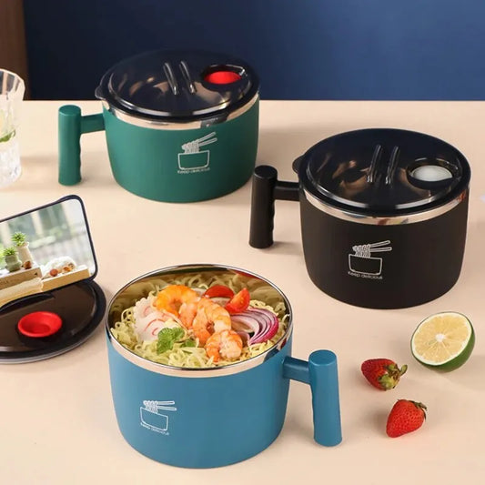 Tigela de aço inoxidável com tampa para macarrão instantâneo, tigela de drenagem selada e portátil para utensílios de cozinha, parceiro de macarrão instantâneo