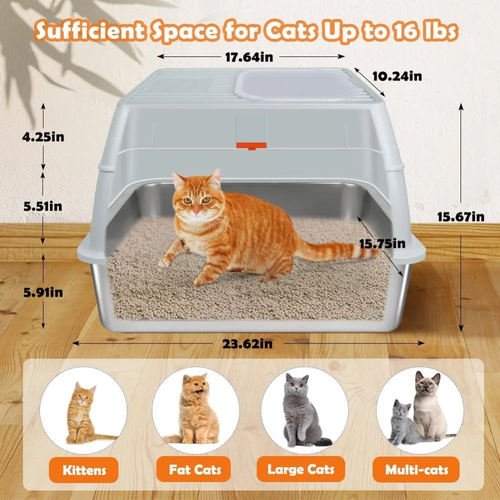 Caixa de areia de aço inoxidável vivificante com tampa, entrada frontal extra grande fechada, caixa de areia extra grande para gatos grandes e gatinhos, saída superior