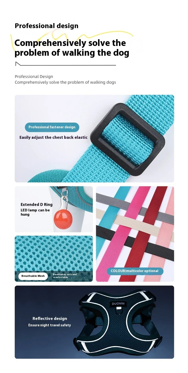 Conjunto de coleira para cães, pequeno, médio, cão, gato, peitoral ajustável, refletivo, respirável, colete de treinamento para caminhada, acessórios para animais de estimação