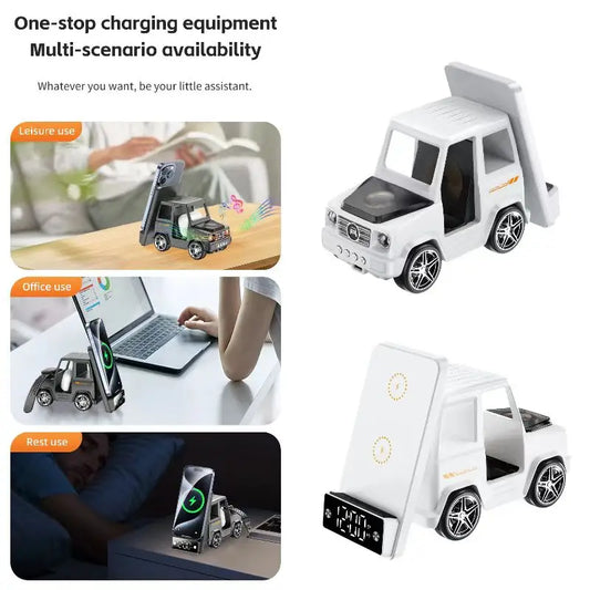 Suporte para carregador sem fio 6 em 1 para carro, formato inovador de carro, carregador de mesa de carregamento rápido de 15 W, ótima ideia para presente