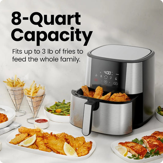 Fritadeira a ar Touch, tamanho família XL de 8 litros, predefinições de controle digital de um toque, batatas fritas, frango, carne, peixe