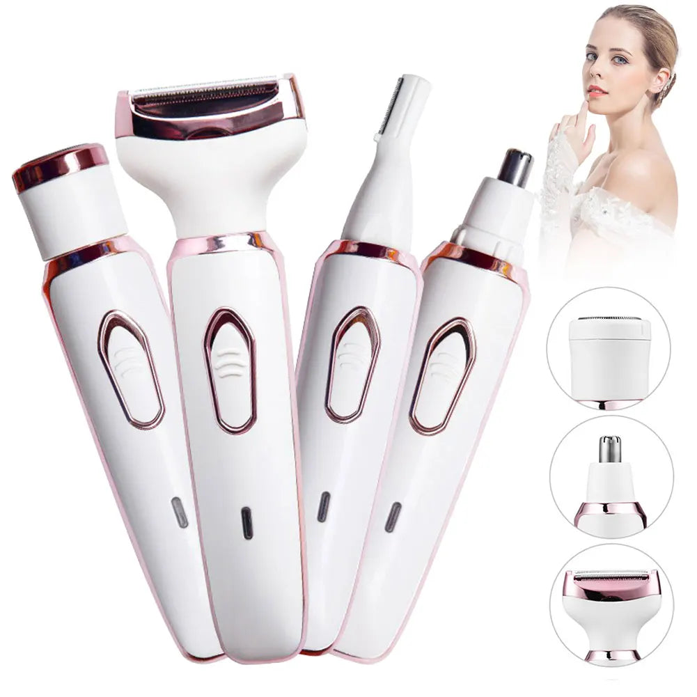 Barbeador elétrico 4 em 1 para mulheres, aparador de pelos de corpo inteiro, axila, instrumento de remoção de pelos privados, depilador seco e úmido, indolor