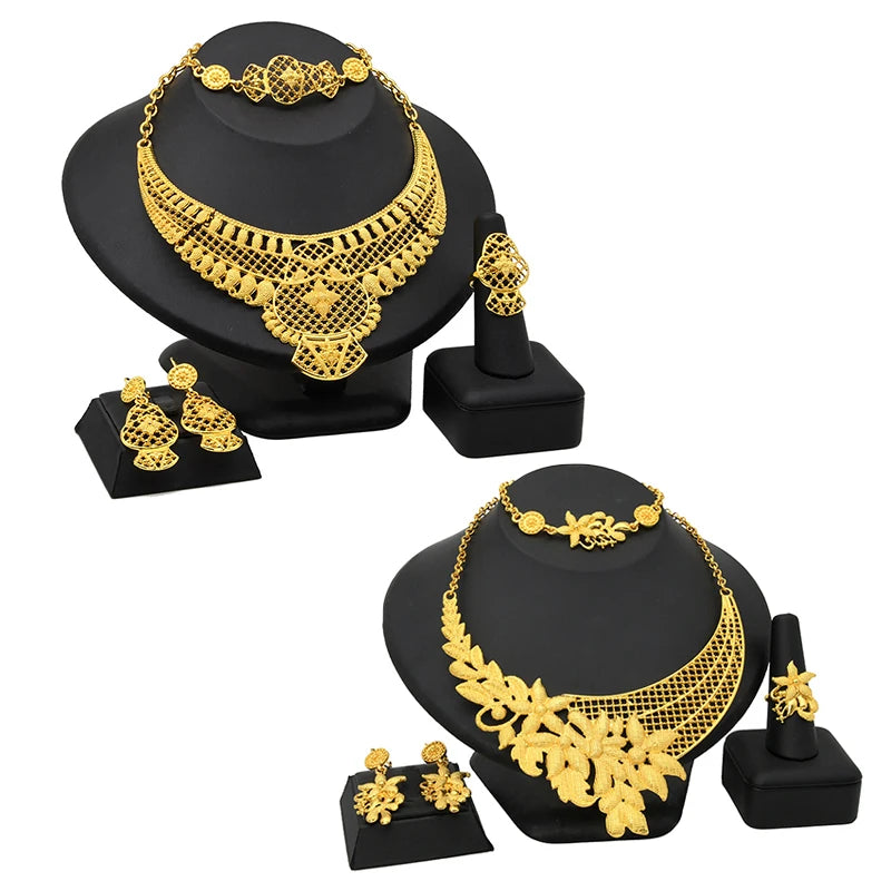 Conjunto de 4 peças banhadas a ouro para noivas, colar, brincos, anel, pulseiras, joias indianas femininas