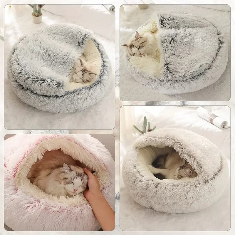 Cama para cães e gatos, colchão para animais de estimação, quente, macia, de pelúcia, com capa, ninho redondo, caverna para cães pequenos e gatinhos