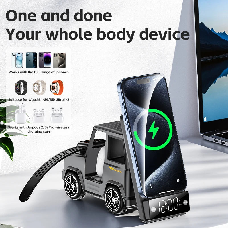 Suporte para carregador sem fio 6 em 1 para carro, formato inovador de carro, carregador de mesa de carregamento rápido de 15 W, ótima ideia para presente