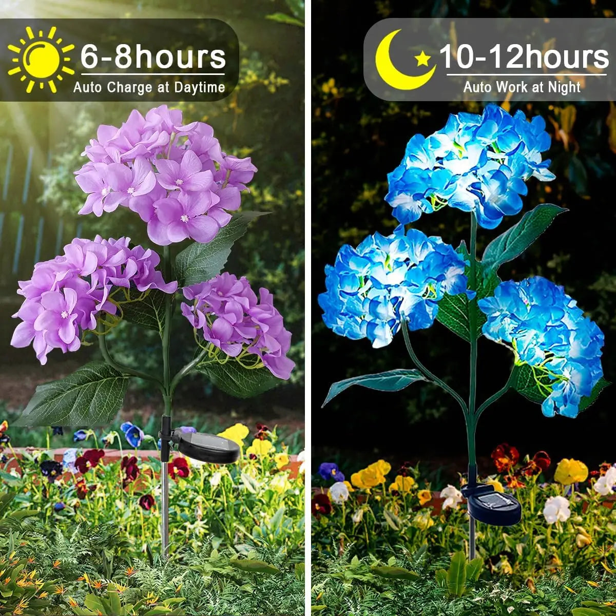 Luzes solares para jardim externo, luz solar à prova d'água, com flores de hortênsia, luzes LED para paisagens com energia solar