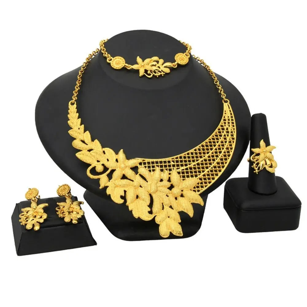 Conjunto de 4 peças de joias indianas banhadas a ouro para noivas, conjunto de colar/brincos/pulseira/anel feminino de luxo e alta qualidade, durável