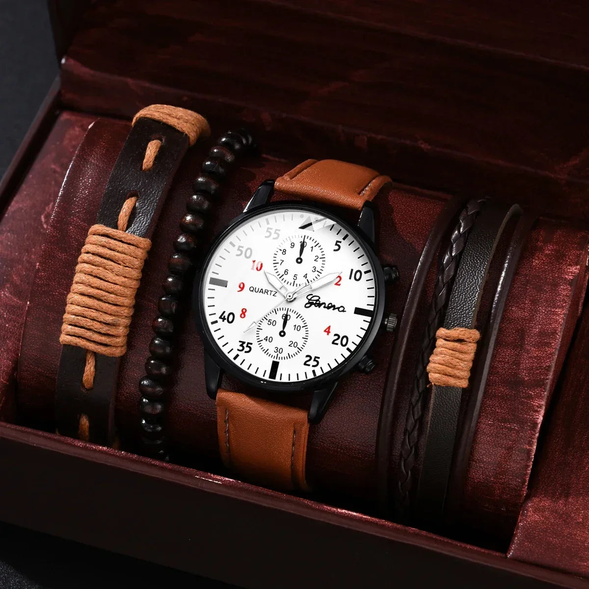 Conjunto de relógios esportivos masculinos 4/2/1 peças, relógio de pulso de quartzo luxuoso com pulseira de couro marrom, relógio casual masculino (sem caixa)