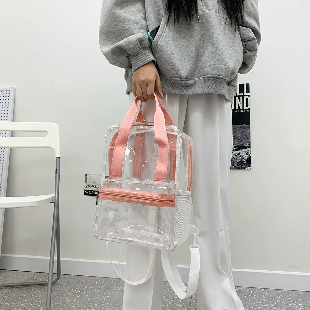 Mochila transparente de PVC para esportes ao ar livre, fitness, casual, viagem, visível, grande capacidade, à prova d'água, alça superior, mochila escolar