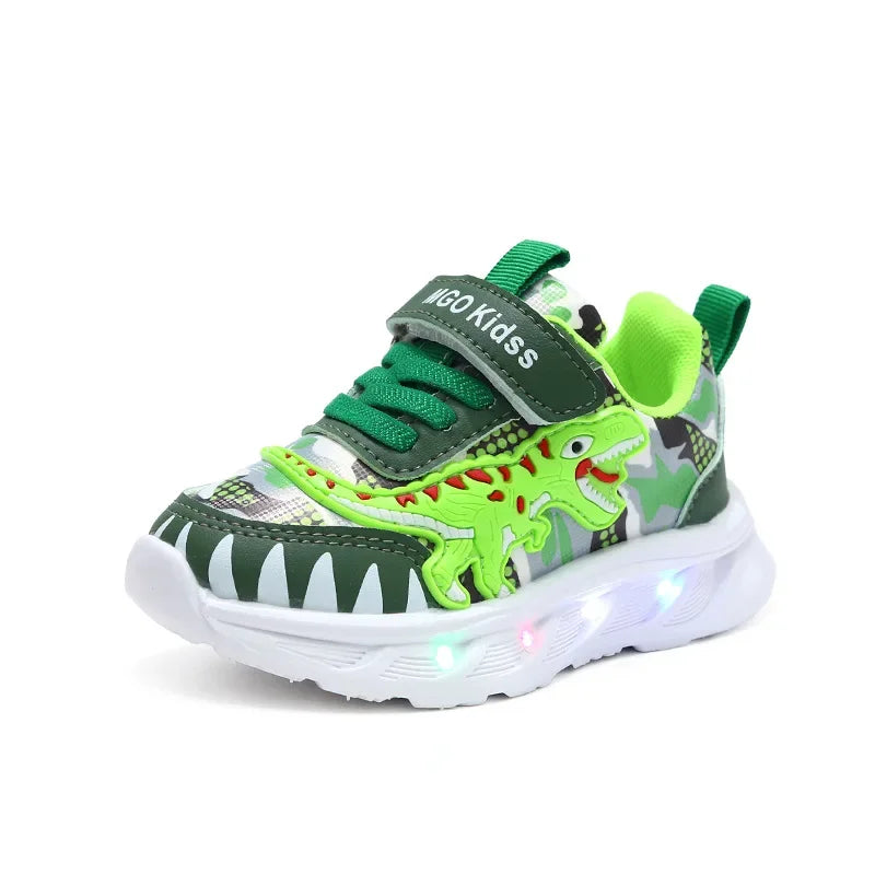 Tênis esportivos infantis novos de primavera com desenho de dinossauro e luz LED para meninos, sola macia, tênis casuais para crianças de 2 a 6 anos