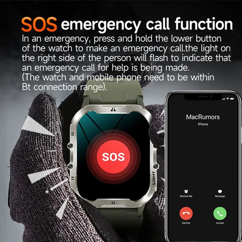 Novo relógio inteligente militar Xiaomi 2024 para homens, esportes ao ar livre, lanterna, fitness, monitor de saúde, 1,96" BT Call Smartwatch
