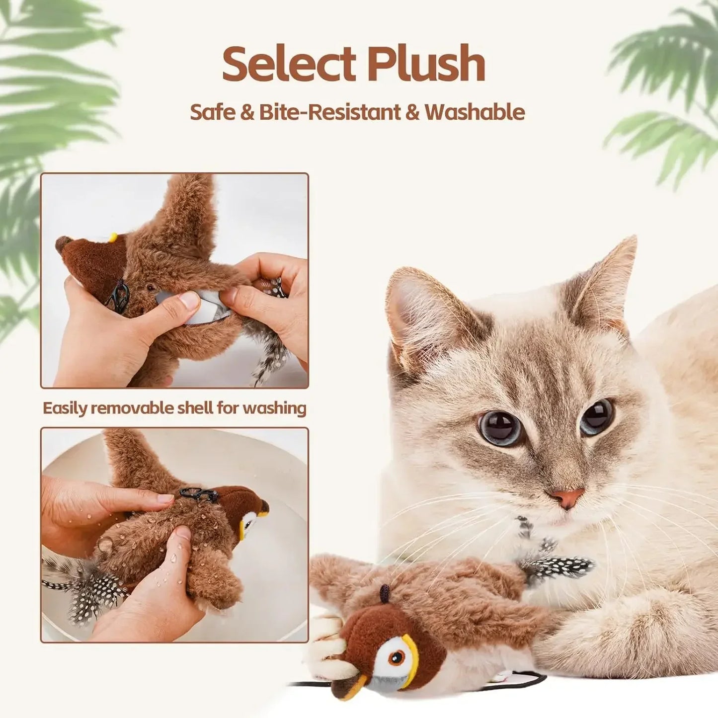 Brinquedos interativos para gatos, brinquedo de pelúcia recarregável para gatos, pássaro voador que canta e bate as asas (sem voar), pode adicionar catnip e brinquedo de pelúcia ativado por toque