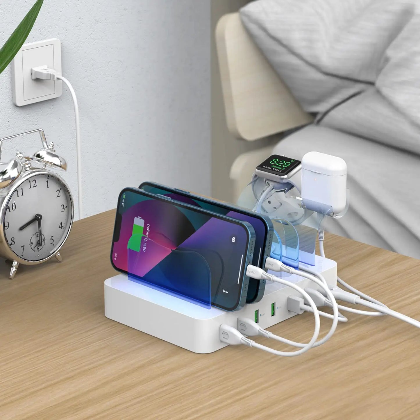 Estação de carregamento USB SooPii 50W/10A com 6 portas para casa e escritório. 6 cabos incluídos para telefones, tablets e outros eletrônicos.